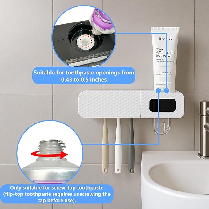 Smart Toothbrush Holder for Bathrooms, Toothbrush Cleaner Wall Mounted, Automatic Toothpaste Dispenser for Equipped with 3 Slots (White)