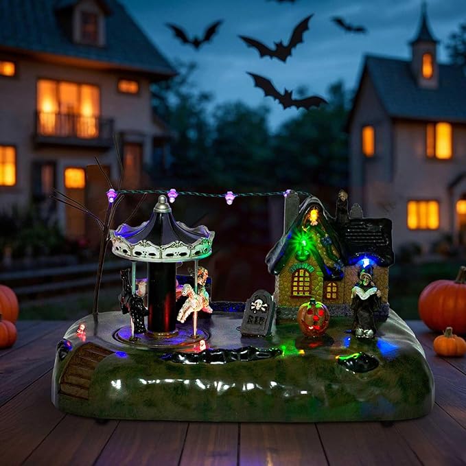 Animated Halloween Village House with Seesaw and LED Lights, Battery Operated Indoor Use only.