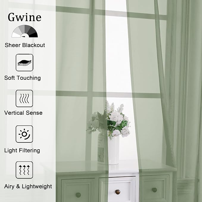 Gwine Sage Green Sheer Curtains 72 Inches Long 2 Panels Set - Image 2