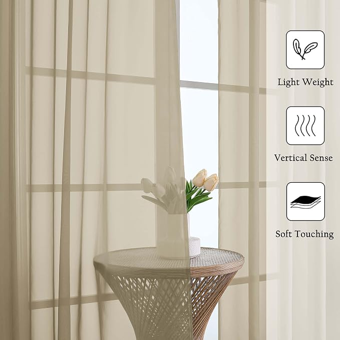 Lecloud Taupe Sheer Curtains 108 Inches Long 2 Panels, Dual Rod Pocket Light - Image 2