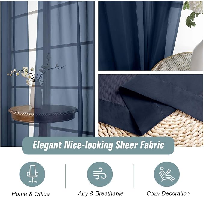 Navy Blue Sheer Curtains for Window 96 Inches Long 2 Panels, Soft Airy Light - Image 4