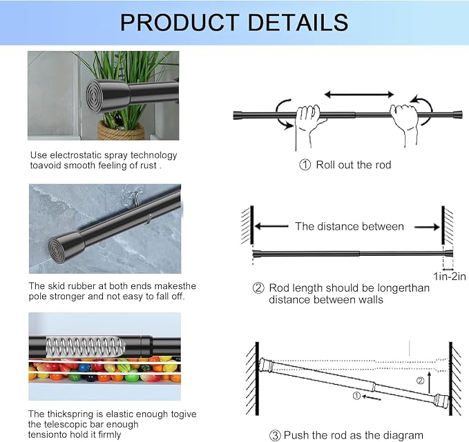 AIZESI Spring Tension Rods Adjustable Tension Curtain Rod Small Tension Rod No - Image 8