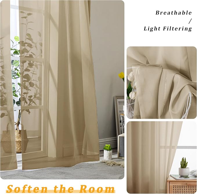 Gwine Taupe Sheer Curtains 96 Inches Long 2 Panels, Elegant Window Treatments - Image 3