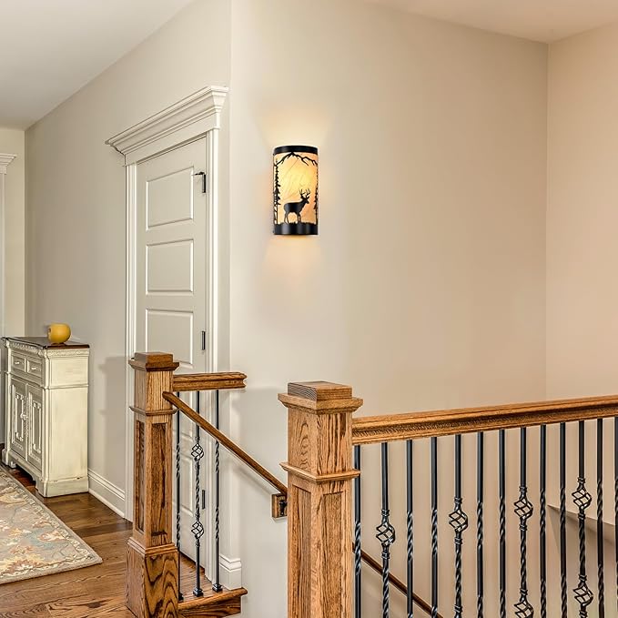 Wall Sconce Light,Deer Metal Yellow Parchment Farmhouse Wall Sconce,Rustic E26 Base Wall Mount Lamp,Vintage Matte Black Bedroom Wall Lights,Indoor Wall Lamps for Living Room,Hallway,Porch