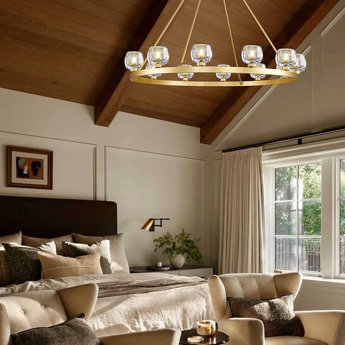 Gold Wagon Wheel Chandelier, 59 Inch Brass Chandeliers with Unique Glass Shade, 15-Light Crystal Large Wagon Wheel Chandeliers for Dining Room, High Ceiling Round Chandelier for Living Room, Foyer