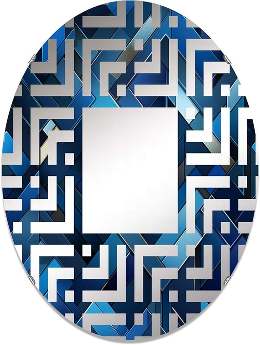 Symmetric Cubes in Deep Cobalt Blue - Geometric Maze - 24x36 Inches - Oval Decorative Wall Mirror for Bathroom, Bedroom, Entryway, Living Room, Vanity Room and Modern Décor