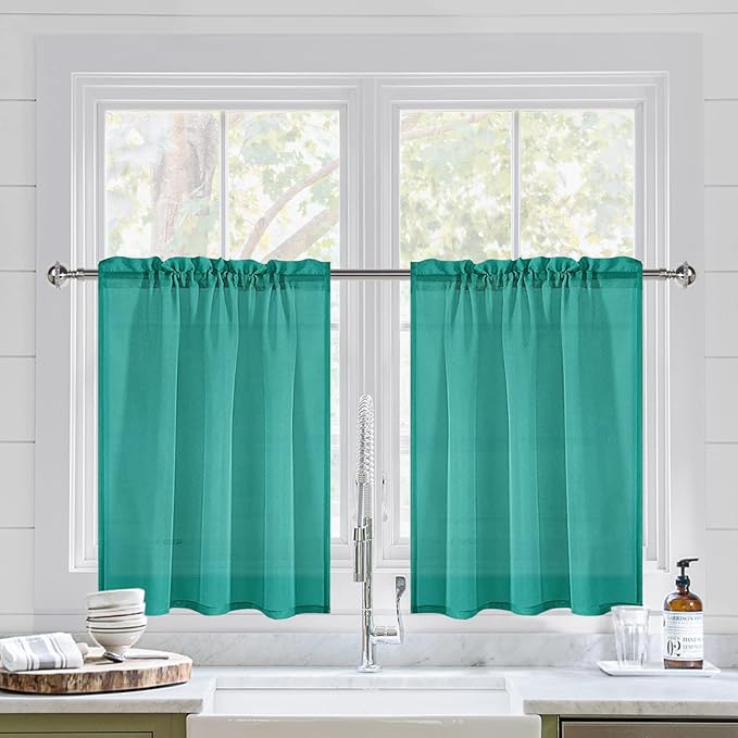 DWCN Teal Sheer Curtains for Kitchen Windows by DWCN