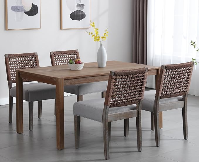 Kmax Farmhouse Dining Chairs Set of 2, Rustic Kitchen Chairs with Linen Fabric Seat and Woven Back, Vintage Accent Chairs for Dining Room, Living Room, Grey