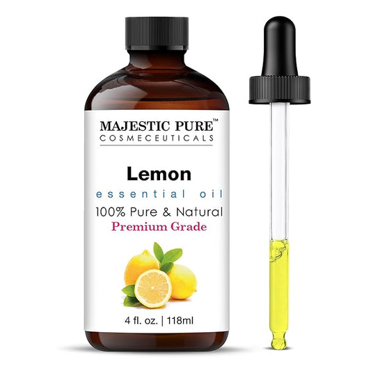 Majestic Pure Lemon Essential Oil with Glass Dropper - Huge 4 Fl Oz - 100% Pure and Natural Lemon Oil - Premium Grade Essential Oils for Diffuser, Aromatherapy, Soap and Candle Making