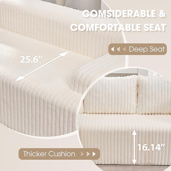 Hobestluk 96“ Modular Sectional Sofa Couches L-Shape Couch 3 Seat Modular Sofa Memory Foam Sectional Couches for Living Room, Cloud Couch with Oversized Chaise (White, Stripe (Right Facing Chaise))