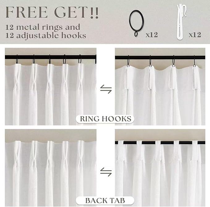 Pinch Pleated Linen 120 Inch Curtains 60 Inch Width Beige White | Light - Image 4