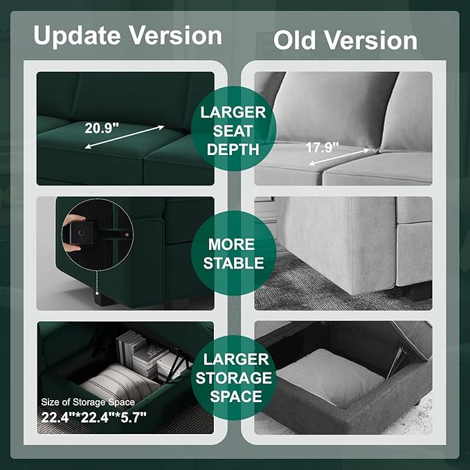 Belffin Modular Sectional Sofa U Shaped Sectional Couch with Reversible Chaises Velvet Modular Sofa with Storage Seat Green