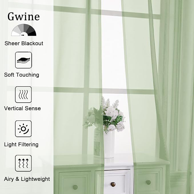 Gwine Light Green Sheer Curtains 30 Inch Length, Short Light Filtering Voile - Image 2