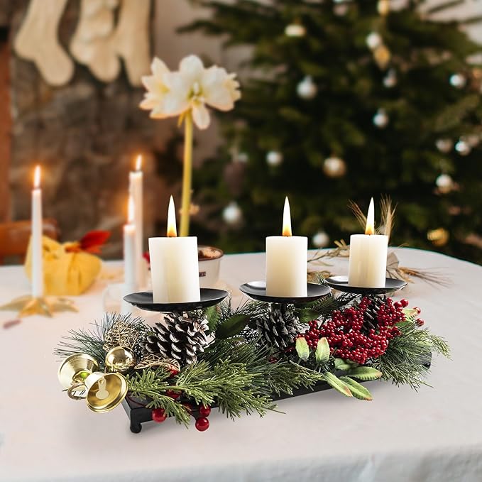 3 Pillar Black Metal Candle Holders for Table Centerpiece, Fall Thanksgiving & Halloween Dining Table, Fireplace Mantel Decor, Tray Candlestick for Living Room Rustic Decorations