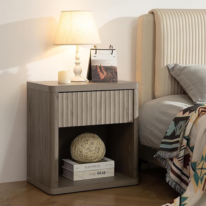 SICOTAS Night Stand Nightstand with Drawer Storage Fluted Bed Side Table End Table Large Modern Wide Bedside Stand Mid Century Night Stands for Bedroom Living Room Sofa Couch Home Office, Grey Alder