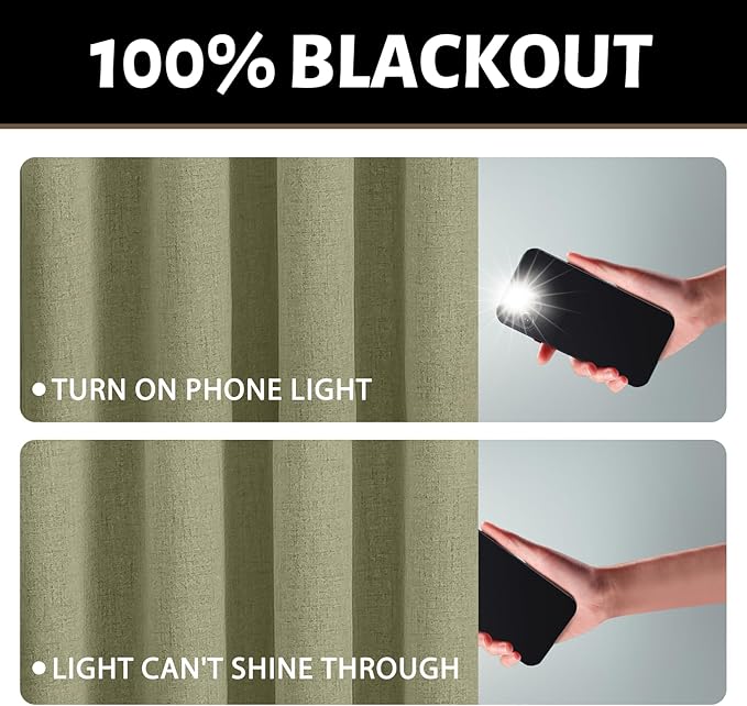 Yakamok Sage Green Linen Curtains 100% Blackout 96 Inches Long, Room Darkening - Image 2