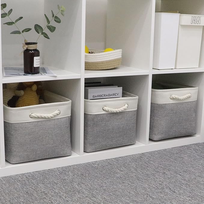 Bidtakay Baskets Set of 3 Storage Baskets for Organizing Large Fabric Storage Bins for Shelves Decorative Canvas Bins Collapsible Empty Baskets for Closet,Nursery,Clothes,Toys,Shoes(White&Grey)