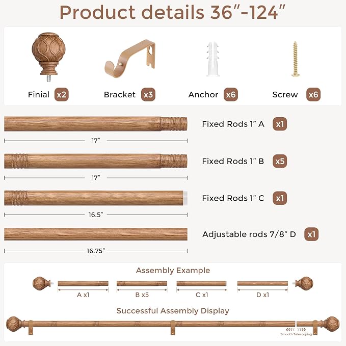Long Wood Curtain Rods for Windows 66 to 120 Inch, Boho Vintage Decorative 1'' - Image 5