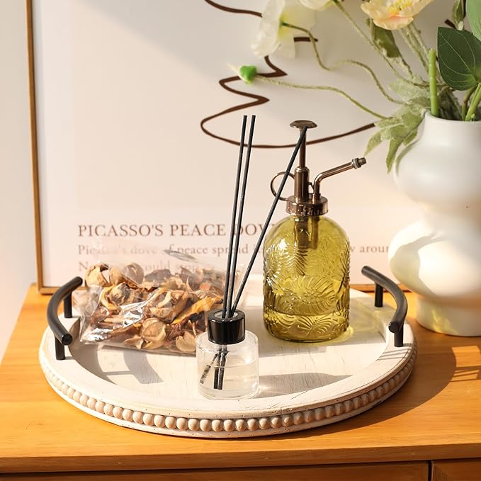 SwallowLiving White Wooden Beaded Serving Tray with Handle Decorative Rustic Whitewashed Tray for Coffee Table Farmhouse Round Tray for Kitchen, Living Room and Bedroom