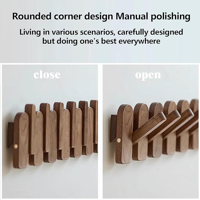 Wall Mounted Piano Key Hanger | Flip Style Hook | Entrance Wall Art Hook, Made of Oak Wood (3 Times Painted, 4 Times Polished) (Arc Walnut, 8Hooks)