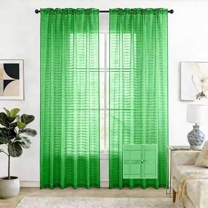 SpaceDresser Check Sheer Curtains 45 Inches 2 Panels Set, Rod Pocket Plaid by SpaceDresser