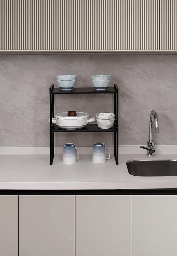 Nxconsu 2Pack Cabinet Shelves Stackable Shelf Organizer Rack Riser for Kitchen Cabinet Pantry Cupboard Counter Countertop Home Organization Storage Space Saver Heavy Duty Metal Nonslip Black Wide Tall