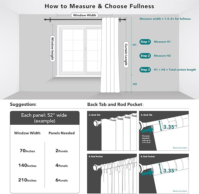 Deconovo Blackout Curtains, Thermal Insulated, W52 x L95 2 Panels, Back Tab - Image 9