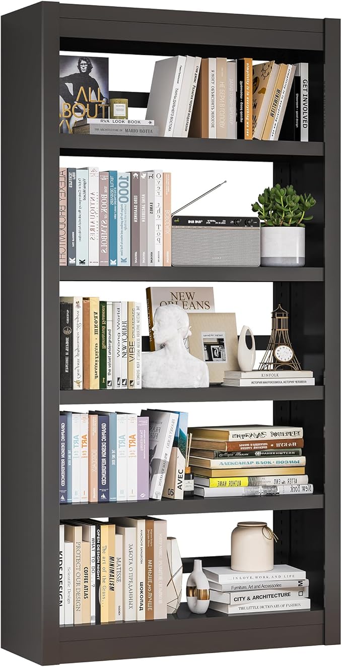 5 Tier Adjustable Black Bookcase, Metal Small Bookshelves and Bookcases, 61" H Display Modern Bookshelf for Living Rooms, Bedrooms, Home Offices, 10 Minutes Assemble