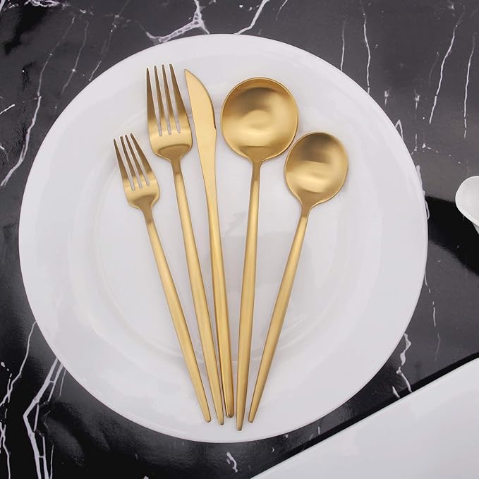 Matte Gold Silverware Set, Vanys 20 Piece Stainless Steel Cutlery Flatware Set, Kitchen Utensil Sets for 4, Tableware With Knife Spoons And Forks Set, Satin Finished Polished