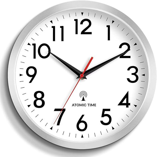 Atomic Wall Clock Analog 14 Inch Battery Operated Modern Decorative for Living Room Kitchen Office Bedroom Bathroom(Silver)