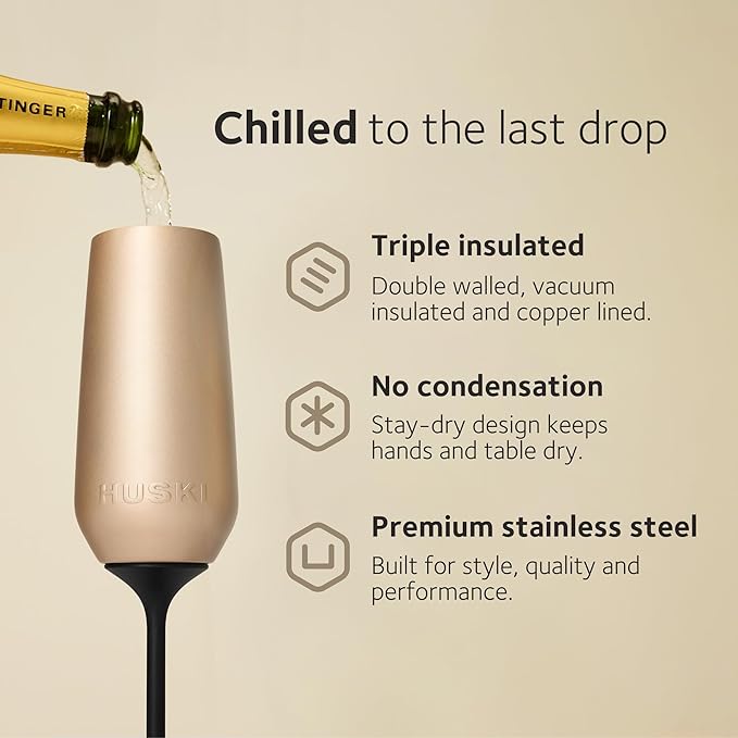 Huski Champagne Flute | NEW | Award-winning Design with Detachable Stem | Premium Stainless Steel Champagne Glass with Lid | Triple Insulated Tumbler | 8oz Capacity | Great Gift (Stone Grey)