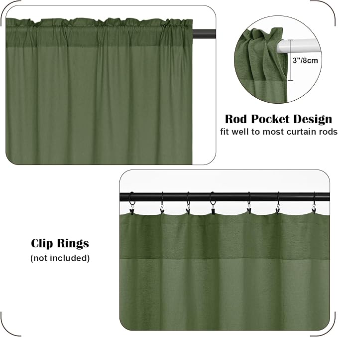 FRAMICS Farmhouse Valance Curtains, Boho Cotton Linen Kitchen Valance, Olive - Image 8