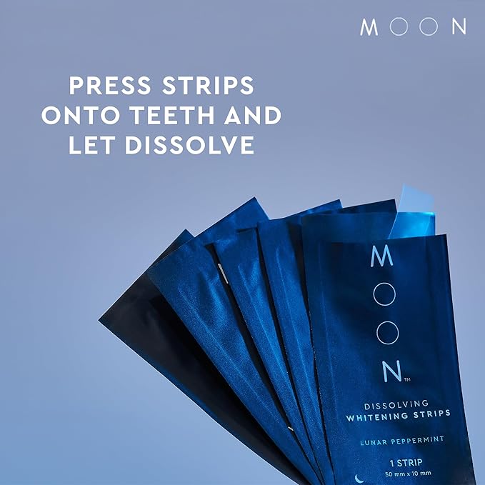 MOON Dissolving Teeth Whitening Strips - Vegan, Easy-to-Use, No Rinse White Strips - Hydrogen Peroxide and Essential Oils Infused Gentle Teeth Whitening Kit - Travel Essentials for Oral Care (56 Ct)