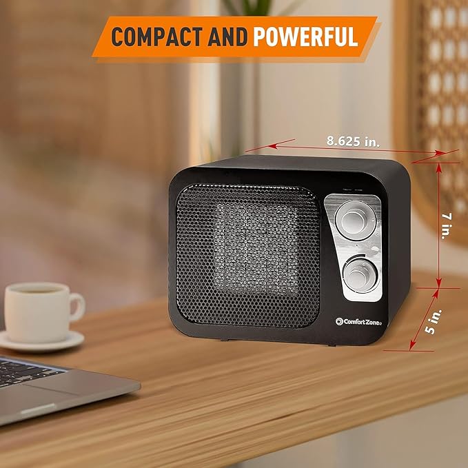 Comfort Zone Space Heaters for Indoor Use, Portable Heater, Fast Heating, Electric Heater, Thermostat, Retro Design, Bedroom Heater with Overheat Protection, Safety Tip-Over Switch 1,500W, Black