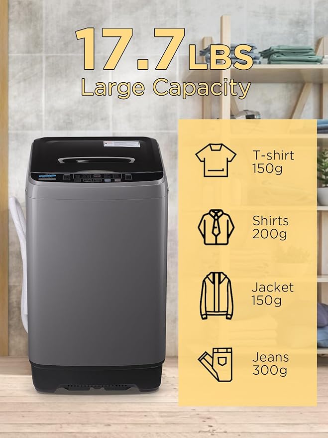 17.7 lbs Full-Automatic Washing Machine with LED Display, Portable Compact Laundry Washer with Drain Pump, 10 Wash Programs 8 Water Levels, Grey