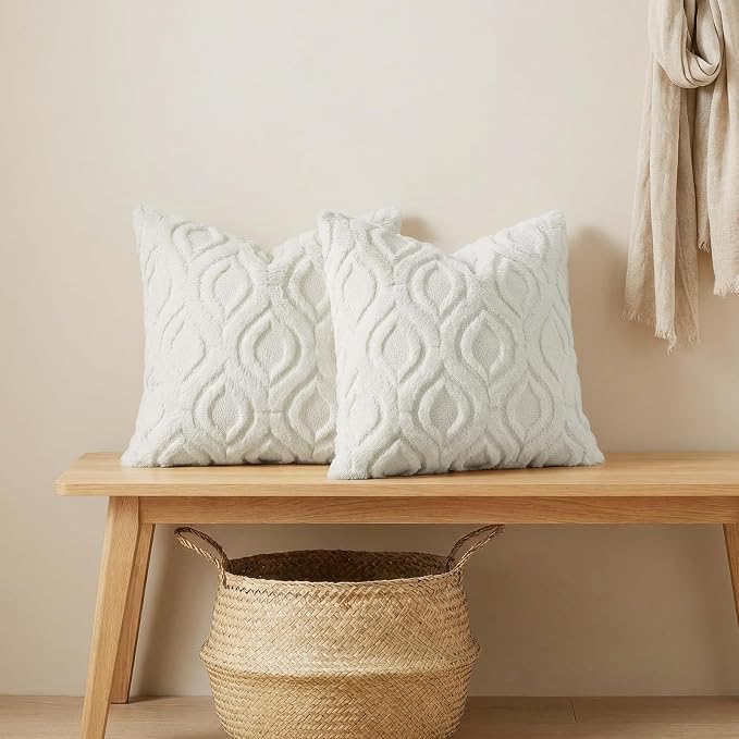 decorUhome Throw Pillow Covers 22x22 Inch Set of 2, Soft Plush Faux Wool Cream - Image 4