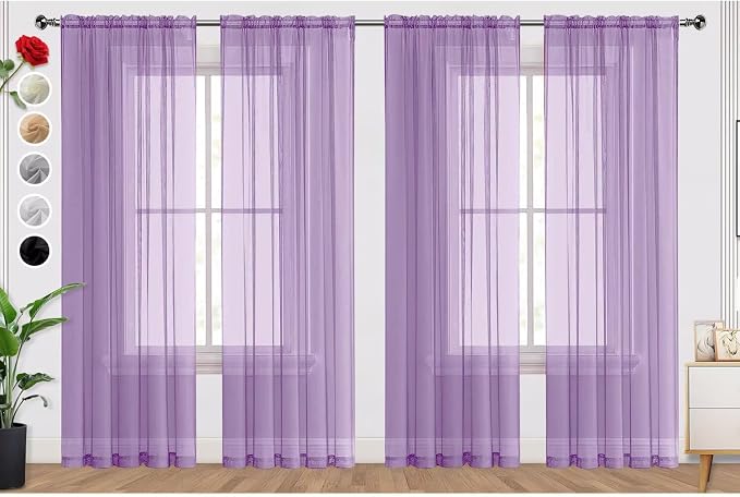 SpaceDresser Lavender Sheer Curtains 4 Panels Rod Pocket Semi-Sheer Curtain 90 by SpaceDresser