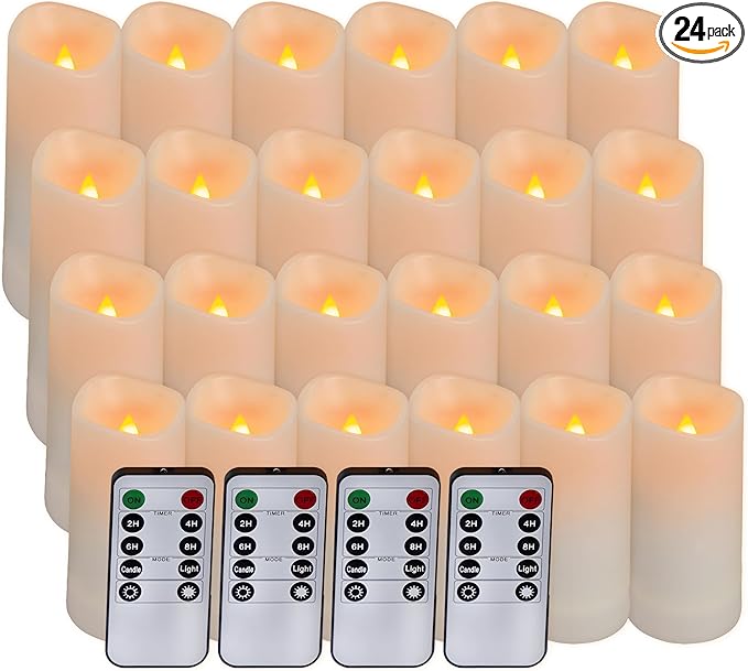 Aignis 24pcs Flameless LED Candles Battery Operated with 10-Key Remote Timer, Outdoor Waterproof Electric Lights, Warm Flickering Glow for Cozy Home/Wedding/Holiday Décor (D2.2'' x H4''/5''/6''/7'')