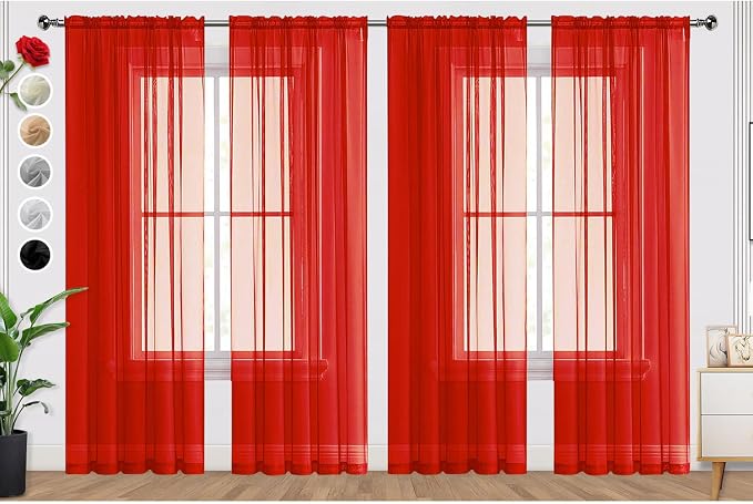 SpaceDresser Sheer Red Curtains 4 Panels Rod Pocket Semi-Sheer Curtain 72 by SpaceDresser