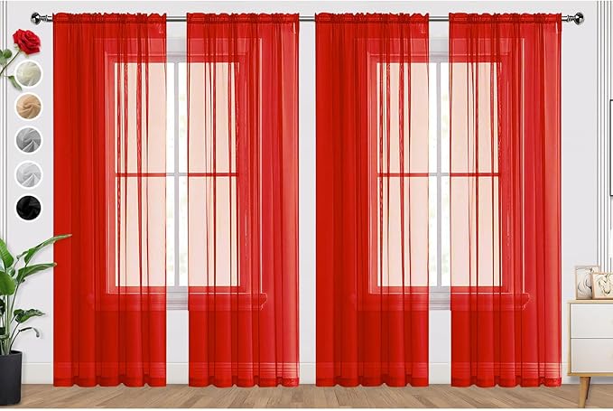 SpaceDresser Sheer Red Curtains 4 Panels Rod Pocket Semi-Sheer Curtain 96 by SpaceDresser