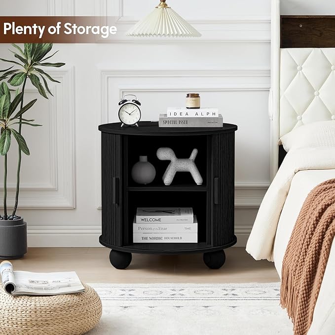 24" Large Fluted Round End Table with Charging Station, Farmhouse Cricle Sofa Side Table with Sliding Door and Storage, Rustic Curved Wood Nightstand for Living Room, Bedroom,Black