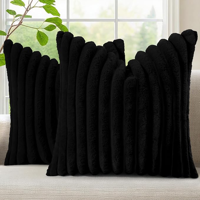 decorUhome Fall Faux Fur Throw Pillow Covers 16x16 Set of 2 Black | Decorative by decorUhome