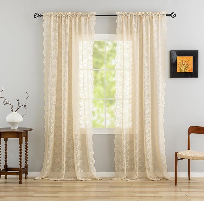 YJ YANJUN Vintage Lace Curtains 108 Inches Long-Victorian Floral Beige Sheer by YJYANJUN