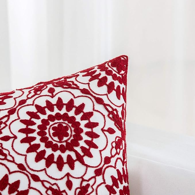 HWY 50 Red Decorative Throw Pillow Covers 18x18 Inch, Pack of 2 Embroidered Cotton Farmhouse Cushion Cover Pillow Case for Sofa Couch Living Room Bed Bedroon, Little Sunflower Design