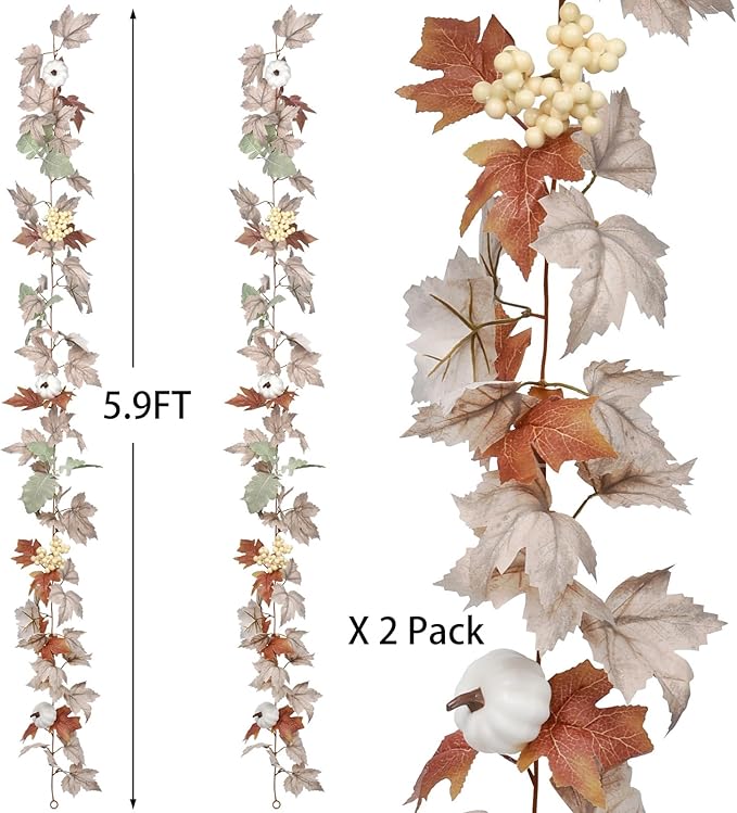Lvydec 2 Pack Fall Maple Garland - 5.9ft/Piece Artificial Fall Foliage Garland Colorful Autumn Decor for Home Wedding Party (White&Green)