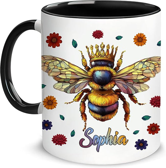 Hyturtle Personalized Floral Bee Mug - Bee Keeper Gifts For Women Lovers Teacher - Honey Gifts For Beekeeper Farmer On Birthday - Queen Honeycomb Decor - Custom Coffee Cup Ceramic Mug 11 Oz 15 Oz