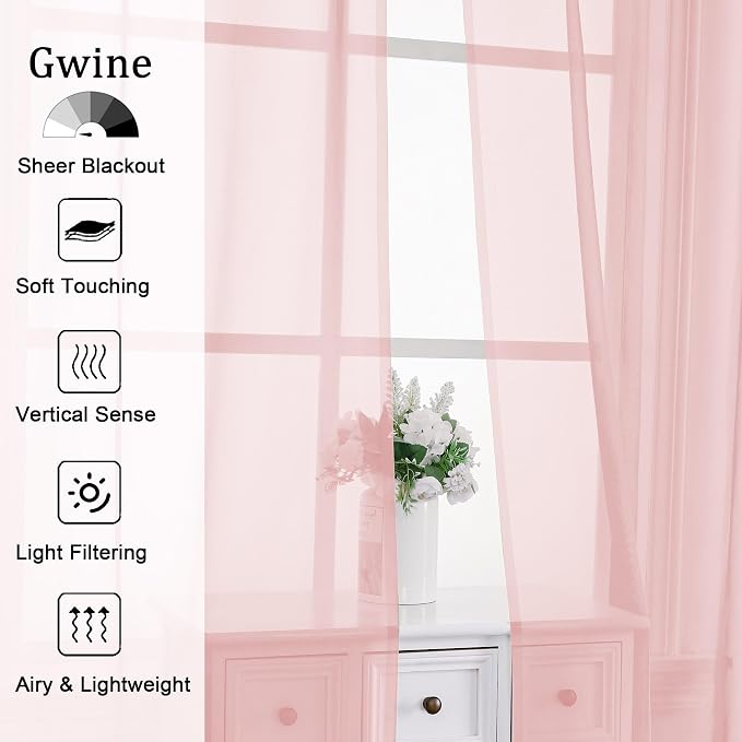 Gwine Blush Pink Sheer Curtains 30 Inch Length, Short Light Filtering Voile - Image 3