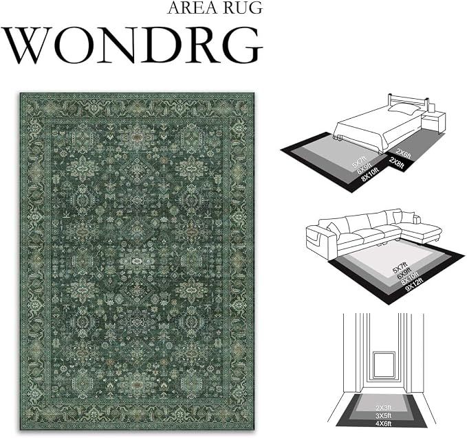 9x12 Washable Area Rug for Living Room Bedroom Vintage Green Non Slip Carpet - Image 2