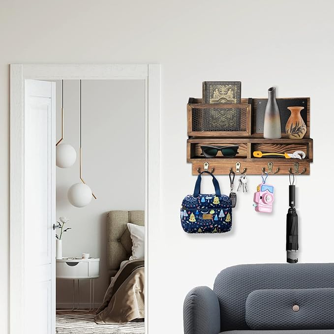 Key Holder for Wall, Mail Organizer Wall Mount with Key Hooks and Wallet Holder, Sunglasses Storage and Dog Leash Hanger, Decorative with 4 Double Hooks and Chalkboard