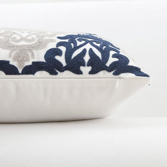 HWY 50 Navy Blue Decorative Throw Pillow Covers 18x18 Inch, Pack of 2 Embroidered Cotton Farmhouse Cushion Cover Pillow Case for Sofa Couch Living Room Bed Bedroon, Accent Geometric